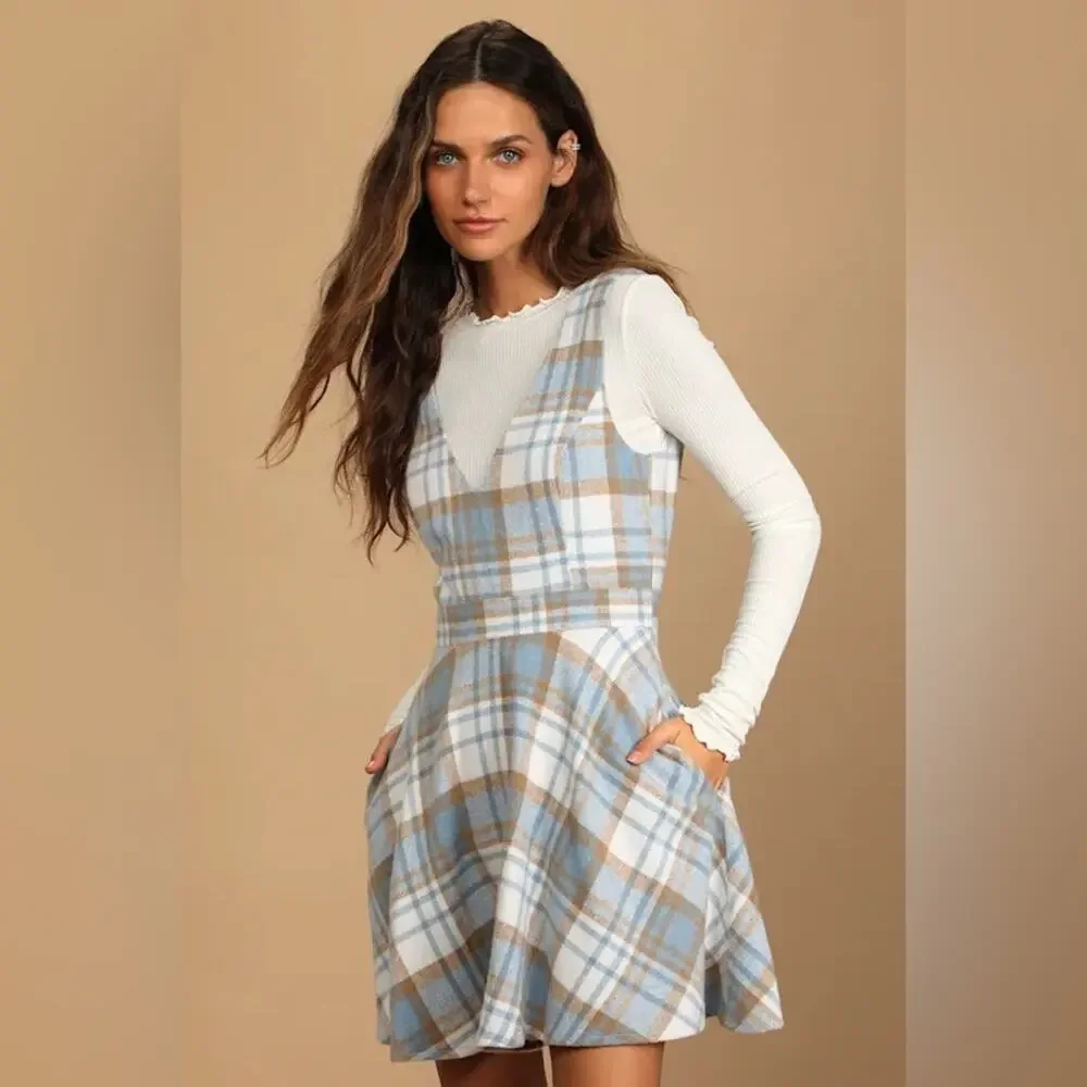 Lulus Autumn Strolls Light Blue Multi Plaid Skater Dress Pockets tan flannel